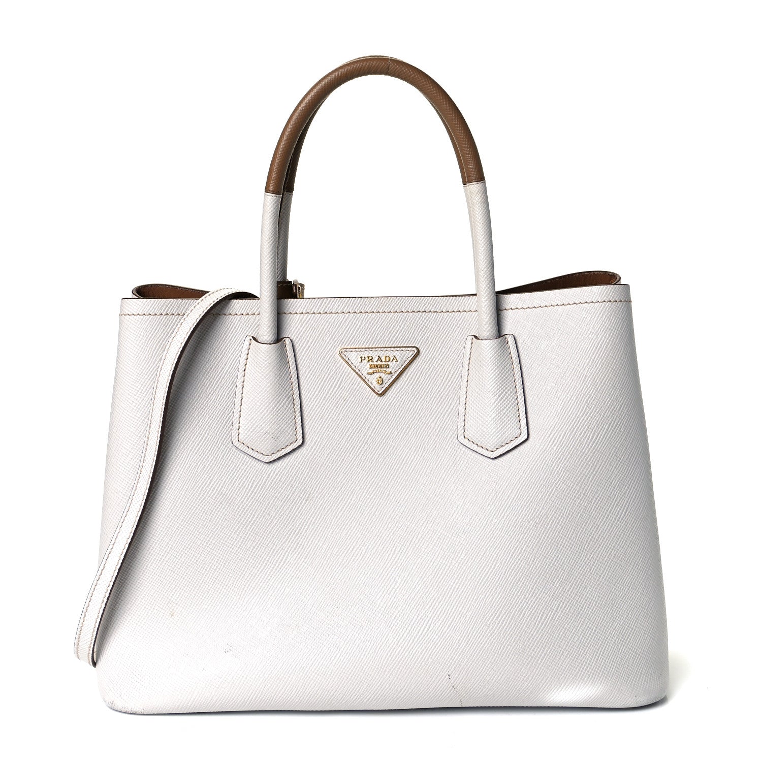 Prada Saffiano Cuir Small Bi-Color Double Bag Talco Caramel 1 of 9