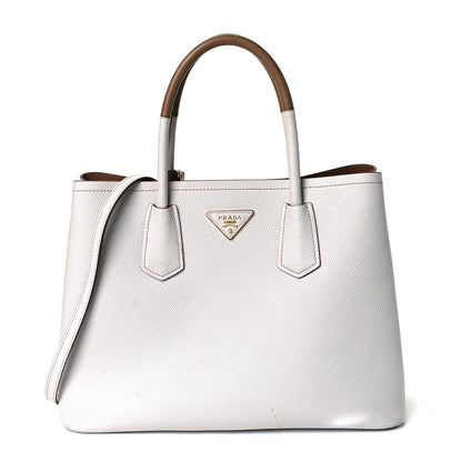 Prada Saffiano Cuir Small Bi-Color Double Bag Talco Caramel 1 of 9