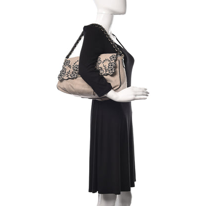 Fendi Linen Embroidered Mia Shoulder Flap Beige Black 2 of 15