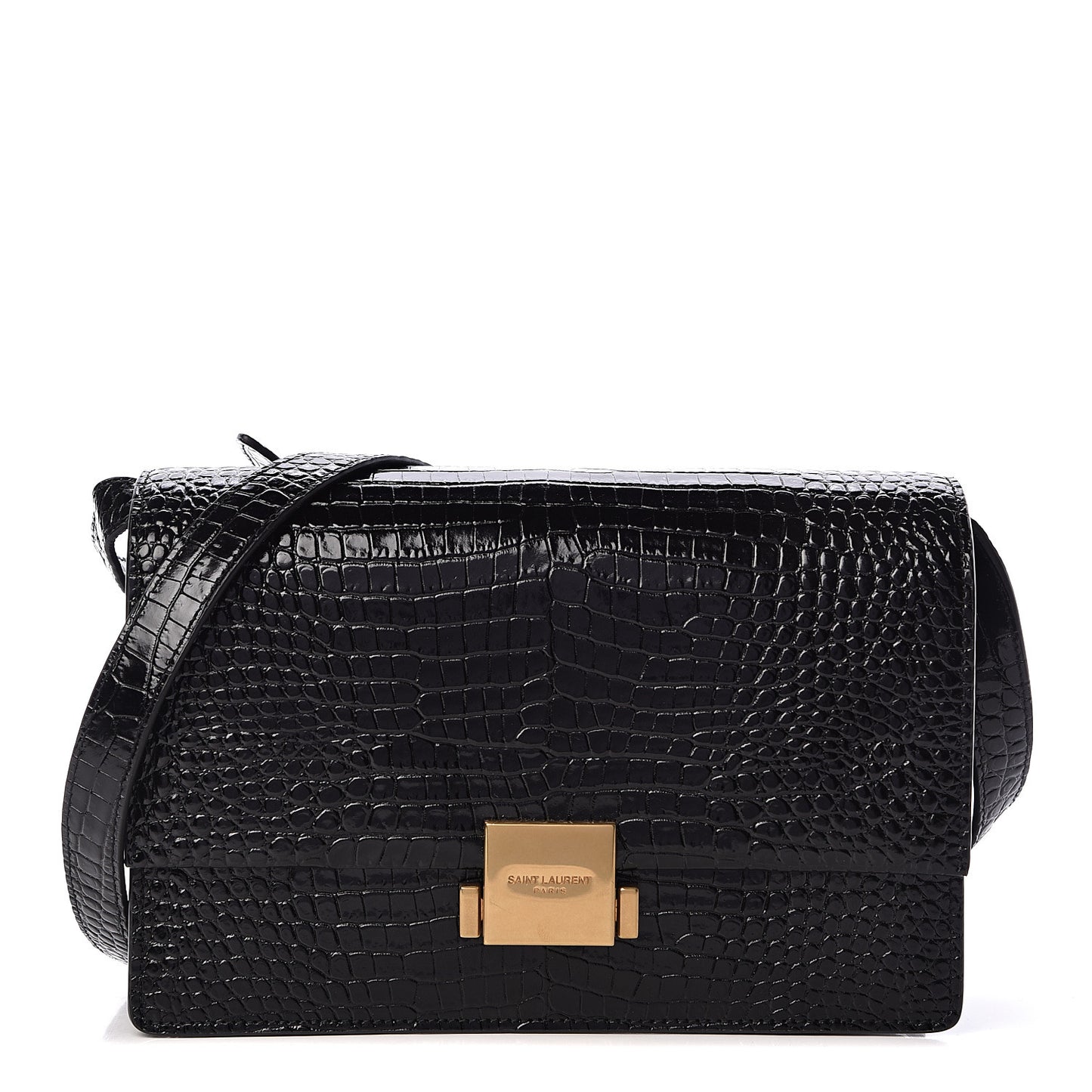 Calfskin Crocodile Embossed Medium Bellechasse Satchel Black