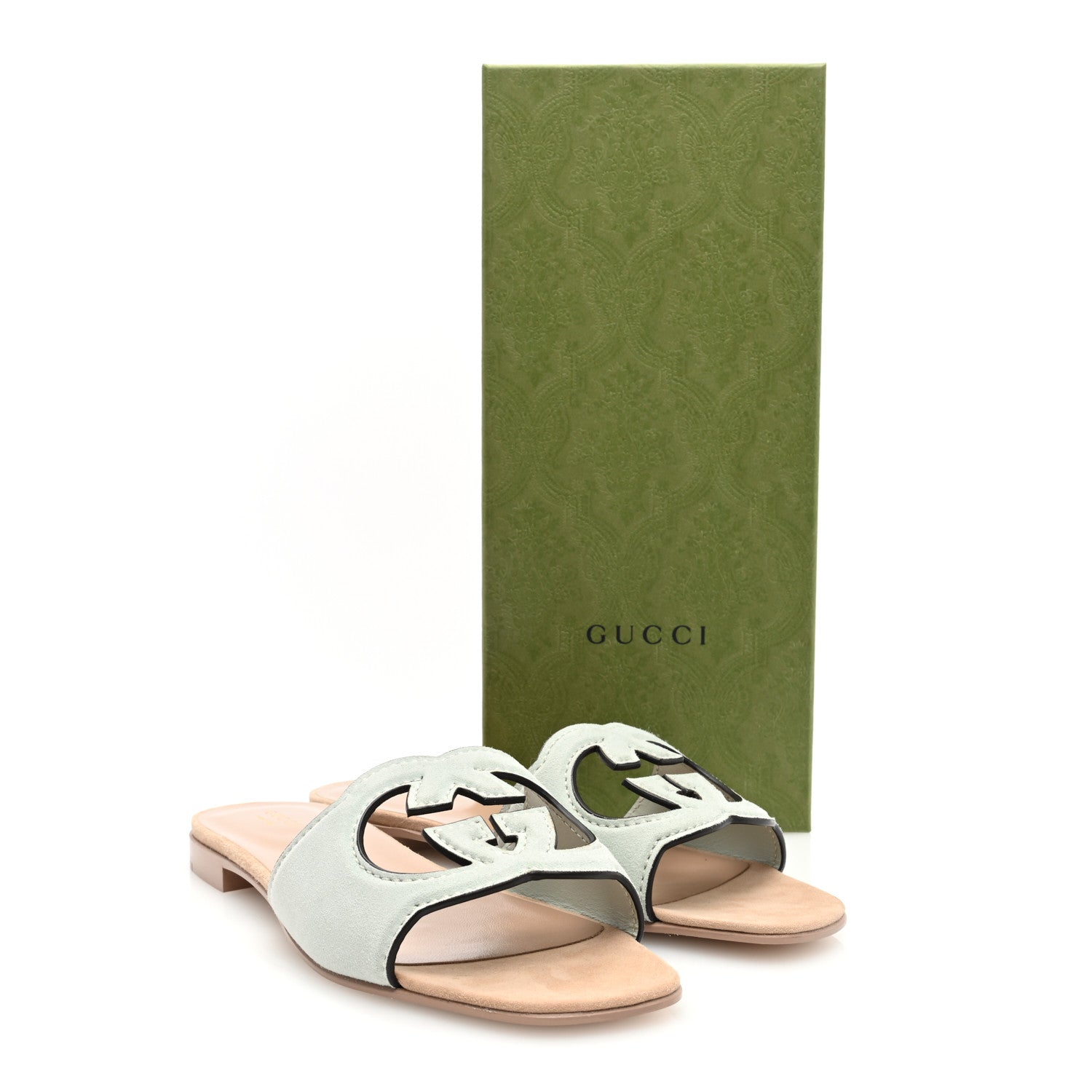 Gucci Kid Scamosciato Interlocking G Cut Out Slide Sandals 40 Pale Green 7 of 7