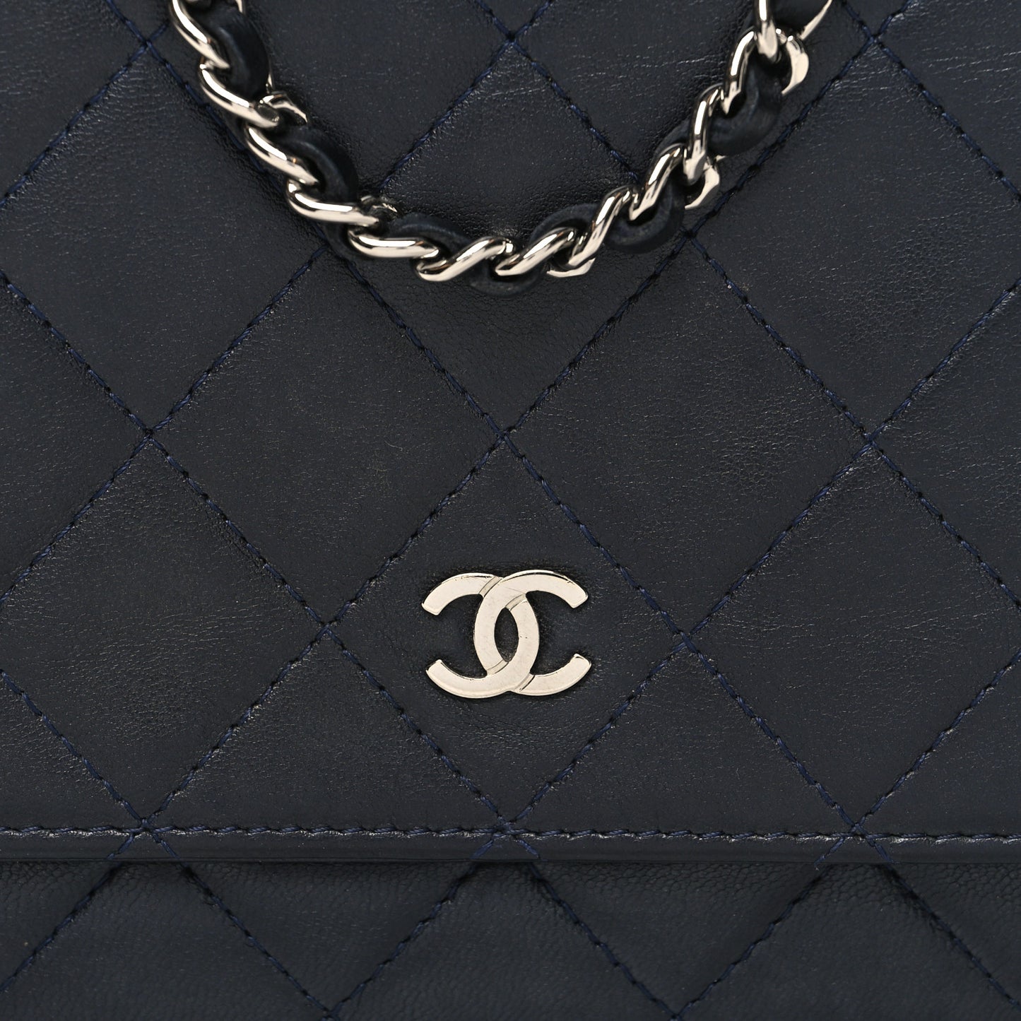Lambskin Quilted Wallet On Chain WOC Navy Blue