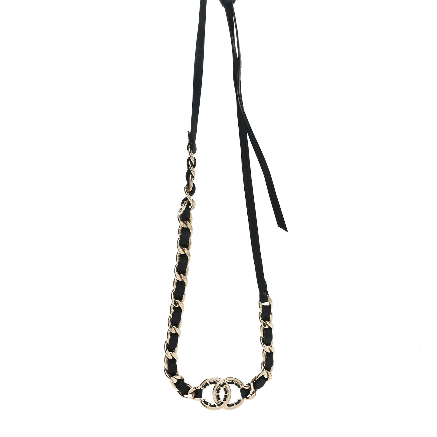Metal Lambskin Crystal CC Chain Tie Headband Gold Black