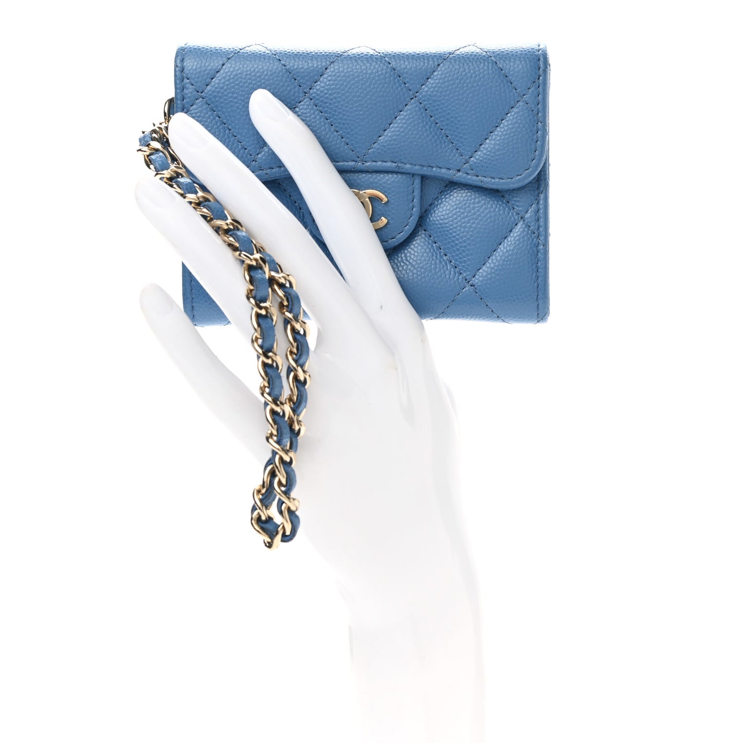Caviar Quilted Flap Card Holder Chain Wristlet Blue