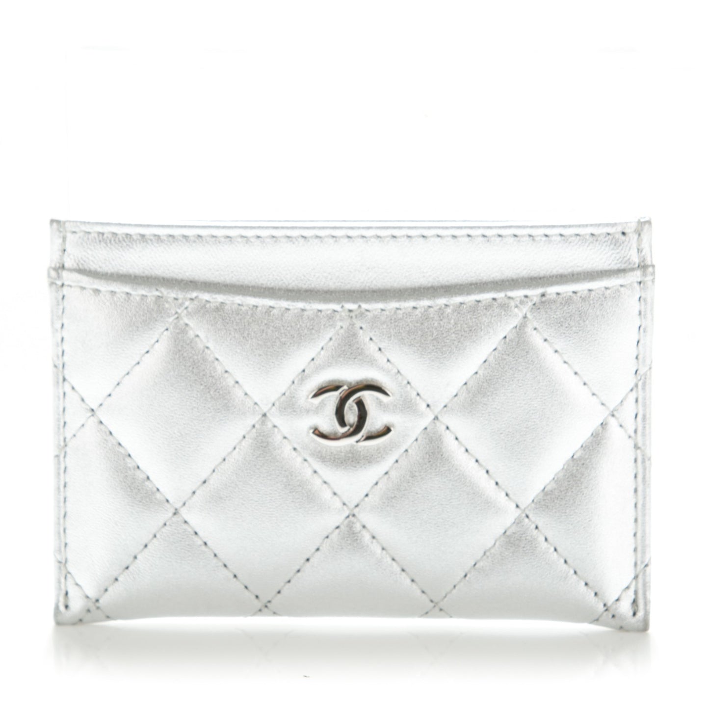 Metallic Lambskin Quilted CC Card Holder Silver