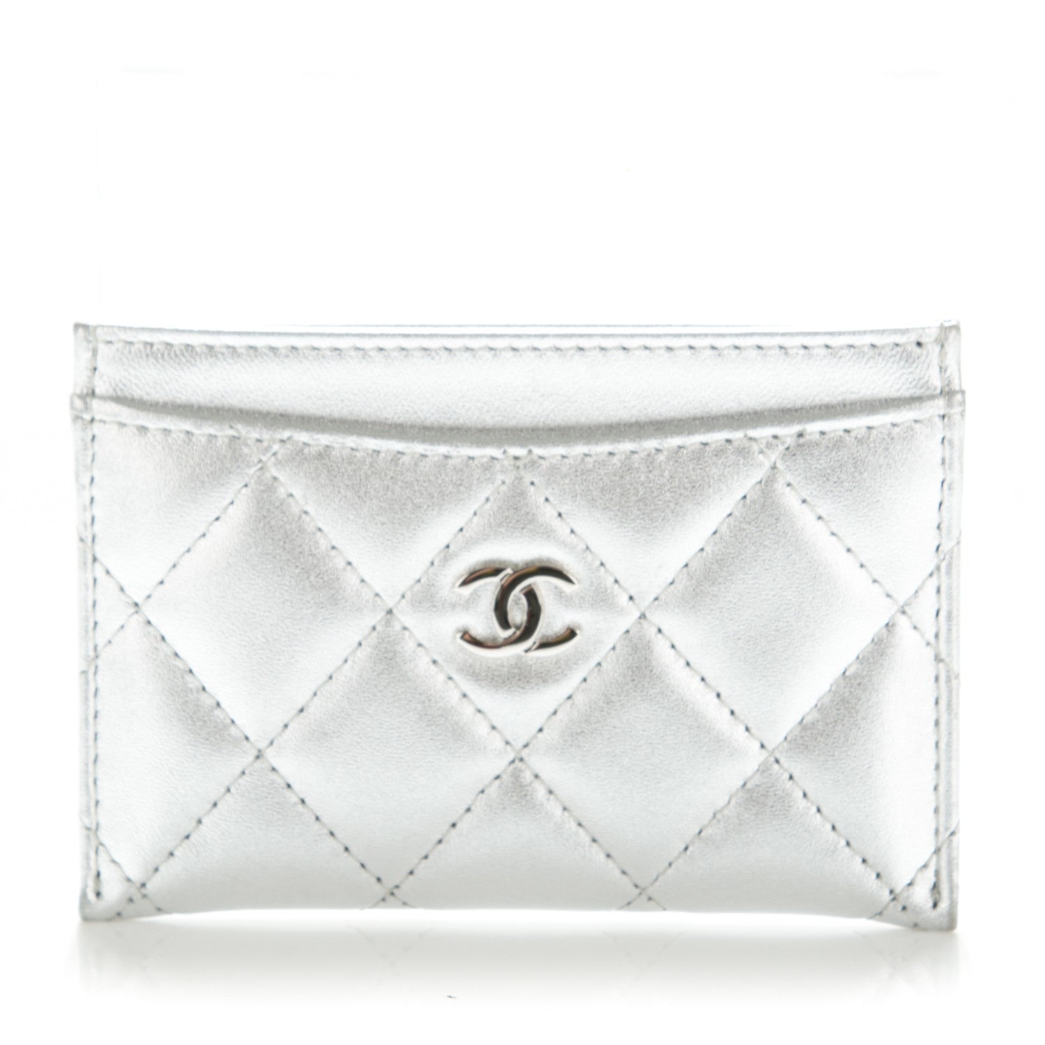 Chanel Metallic Lambskin Quilted CC Card Holder Silver 1 of 8