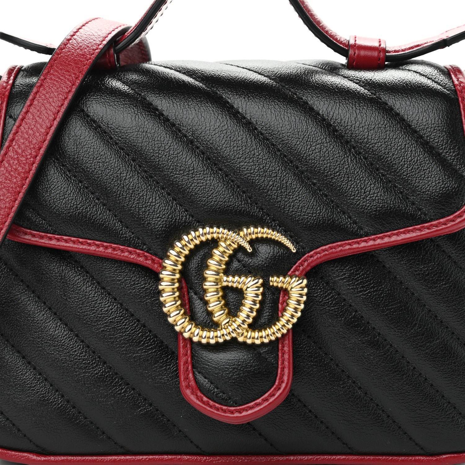 Gucci Vintage Effect Calfskin Matelasse Diagonal Mini Torchon GG Marmont Top Handle Shoulder Bag Black Romantic Cherry 8 of 10