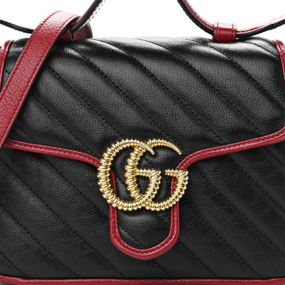 Gucci Vintage Effect Calfskin Matelasse Diagonal Mini Torchon GG Marmont Top Handle Shoulder Bag Black Romantic Cherry 8 of 10