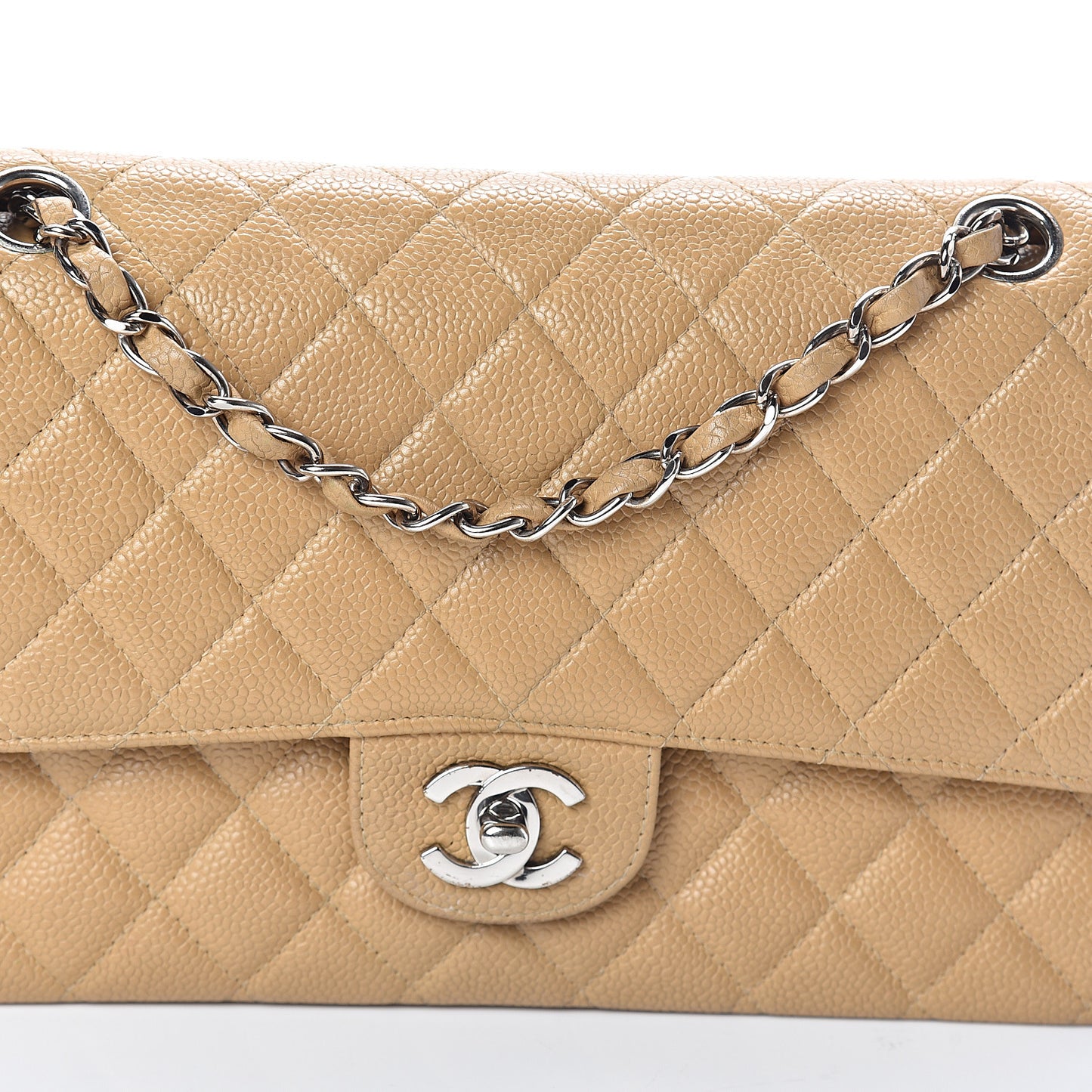 Caviar Quilted Medium Double Flap Beige