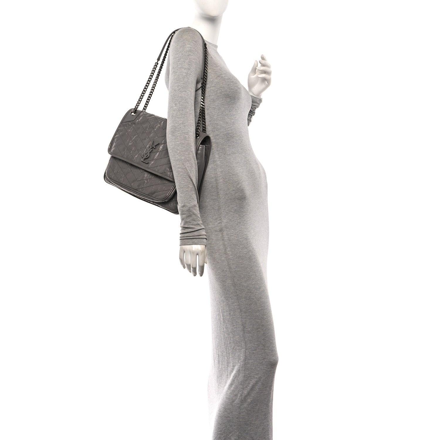Saint Laurent Crinkled Calfskin Matelasse Monogram Large Niki Chain Satchel Fog 2 of 10