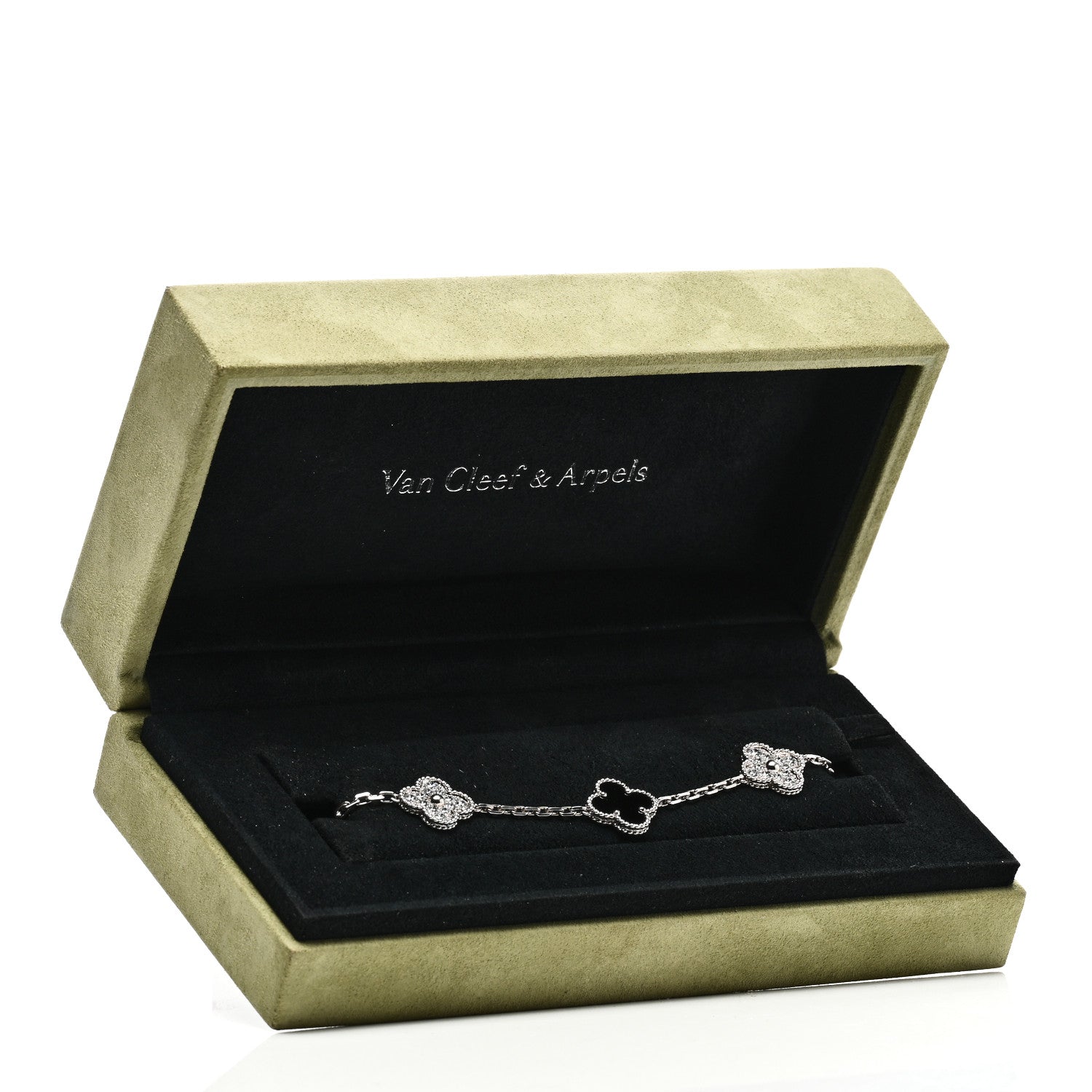 Van Cleef & Arpels 18K White Gold Diamond Black Onyx 5 Motifs Vintage Alhambra Bracelet 5 of 5