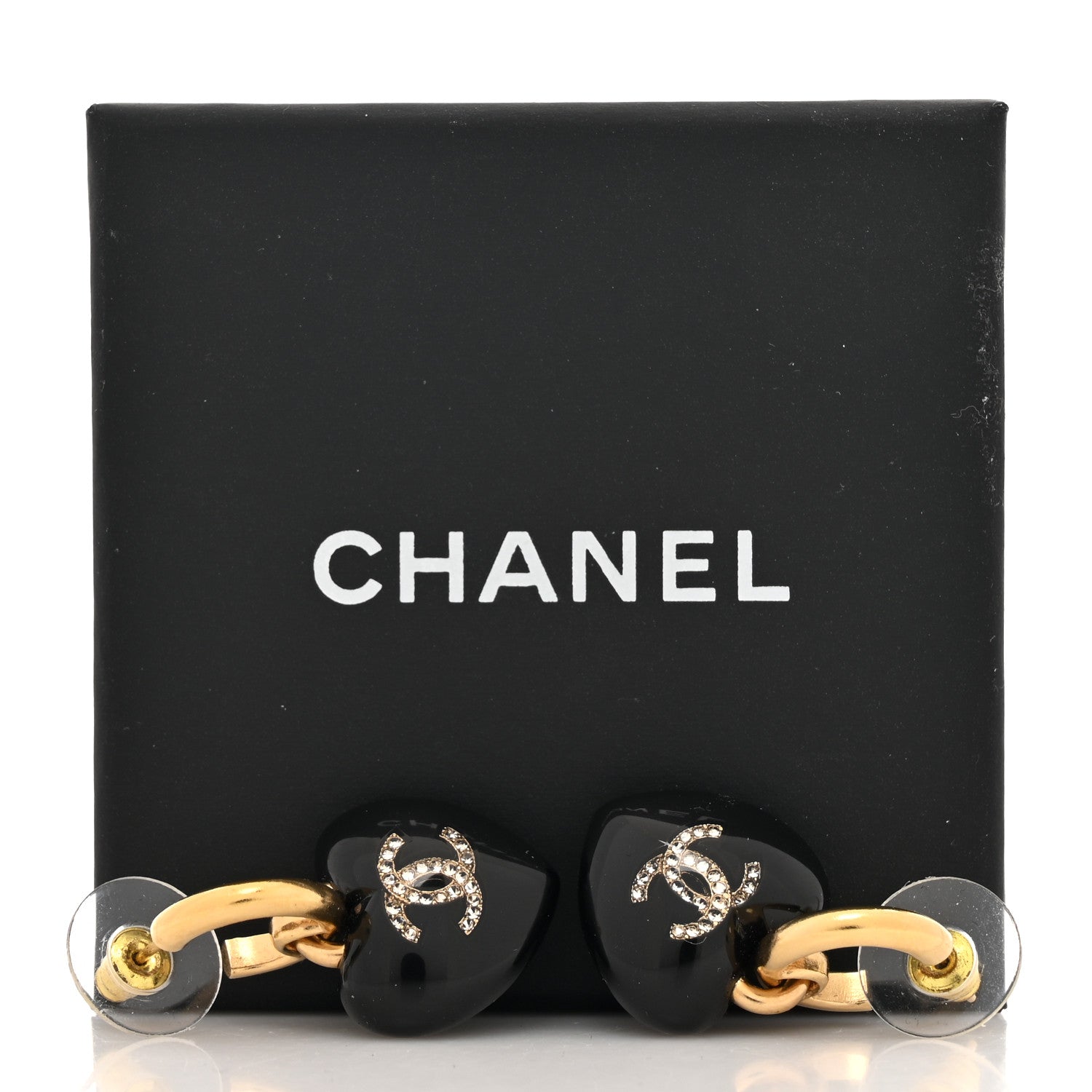 Chanel Resin Crystal CC Heart Drop Earrings Black Gold 5 of 5
