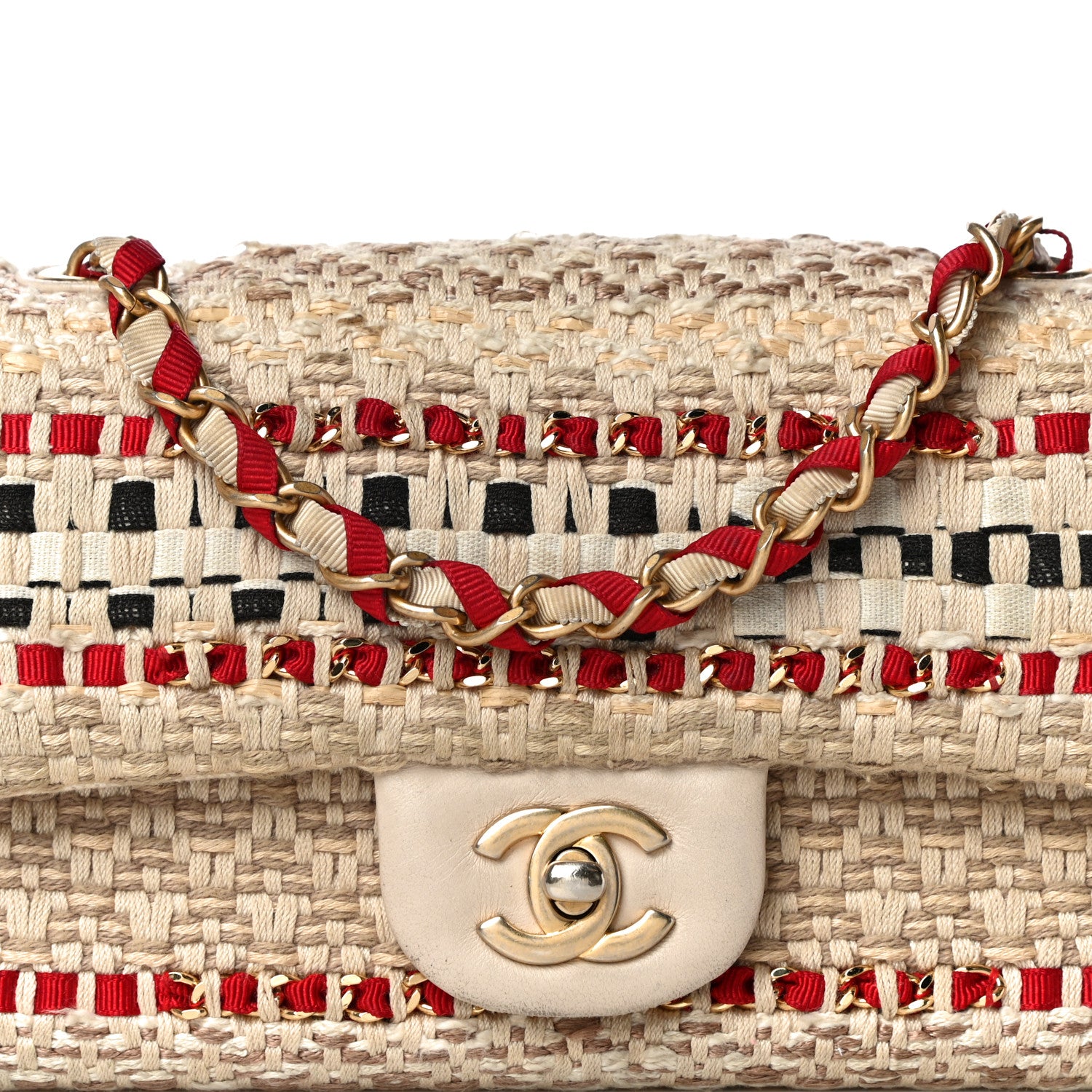 Chanel Cotton Raffia Lambskin Woven Mini Rectangular Flap Beige Red Black 8 of 16
