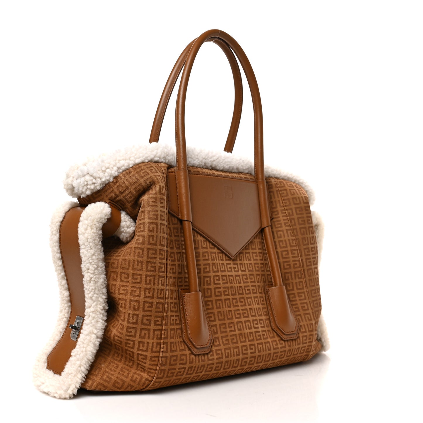 Shearling Suede Medium Soft Lock Antigona Shoulder Bag Tan