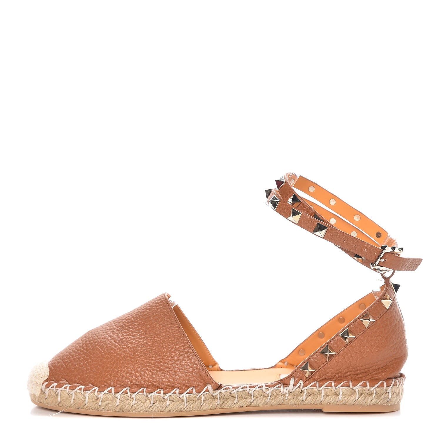 Valentino Garavani Grained Calfskin Rockstud Ankle Wrap Espadrille Flats 37 Cognac 1 of 12