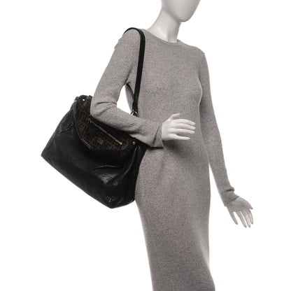Fendi Goatskin Zucca Large Peekaboo Iconic Satchel Black Tobacco 2 of 9