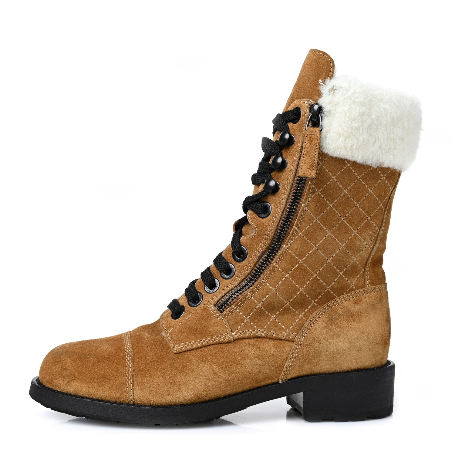 Chanel Suede Calfskin Shearling Quilted CC Tall Lace Up Combat Boots 37 1 of 8