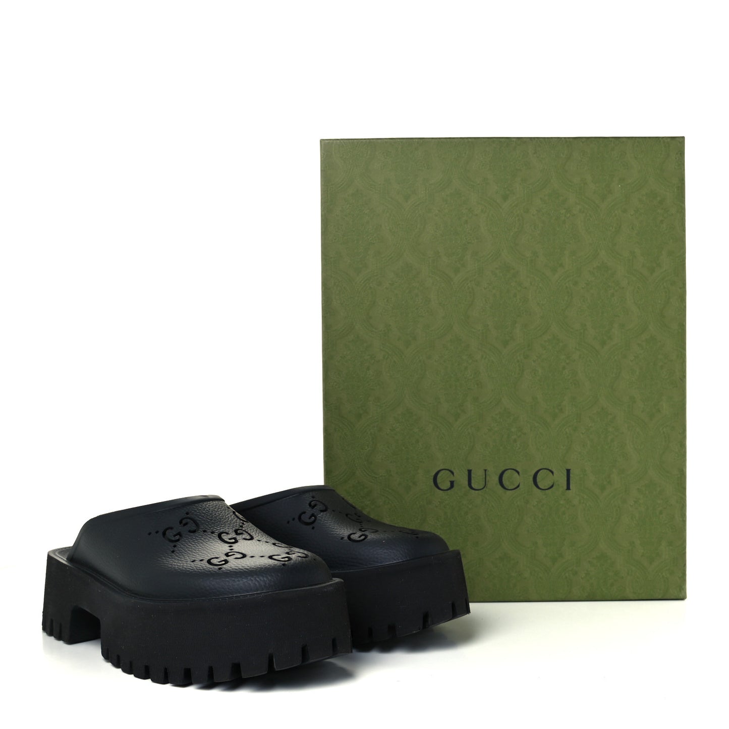 Rubber GG Monogram Perforated Elea Platform 55mm Lug Sole Sandals 38 Black