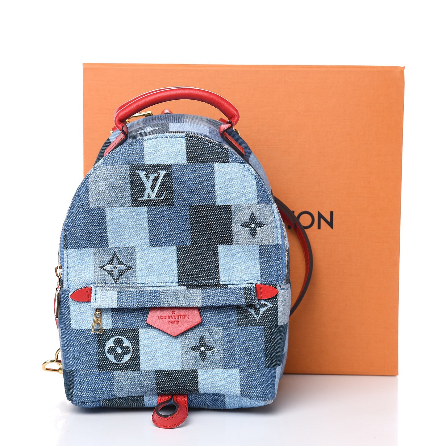 Denim Damier Monogram Patchwork Palm Springs Backpack Mini Blue Rouge