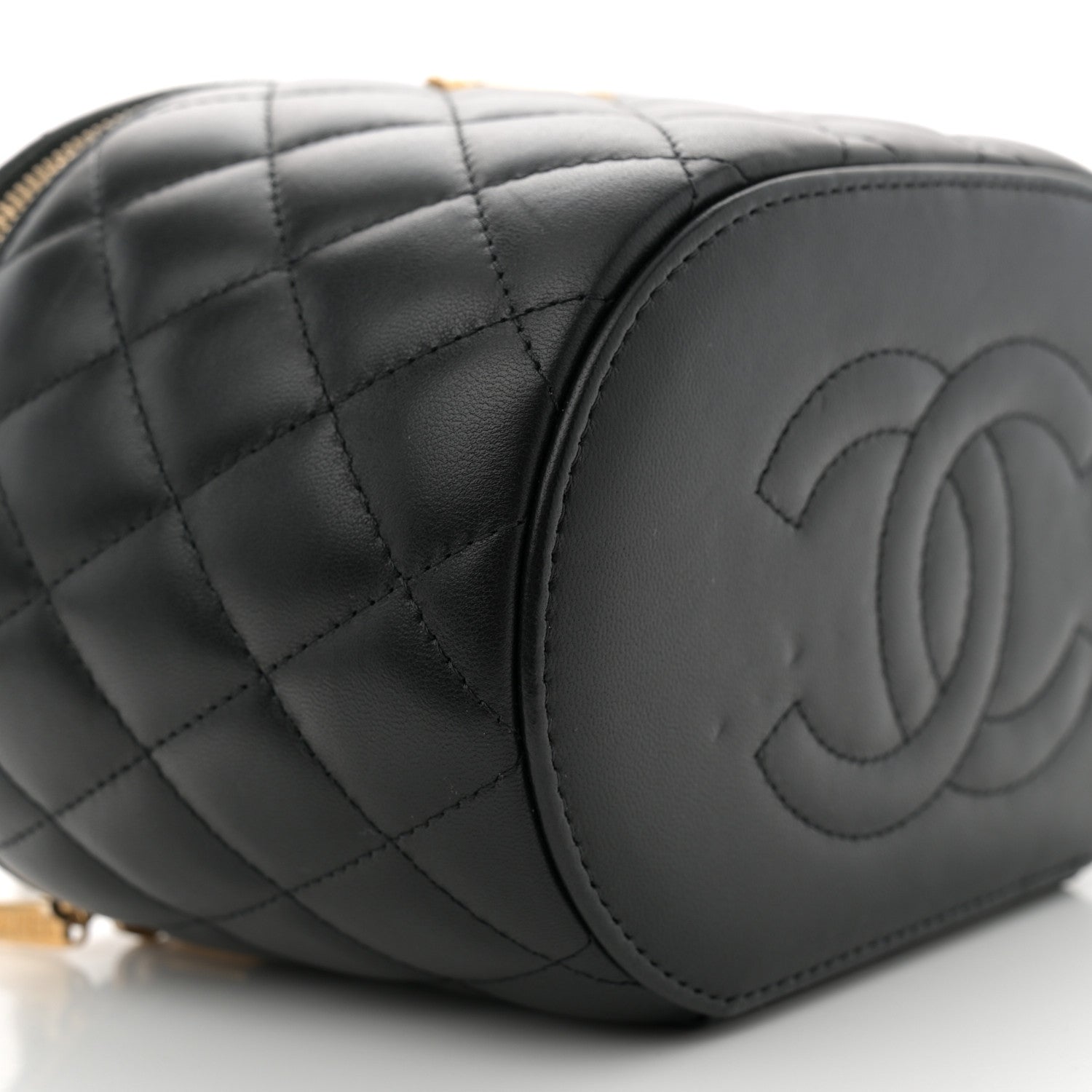 Chanel Lambskin Quilted Chain Top Handle Round Vanity Case Black 9 of 11