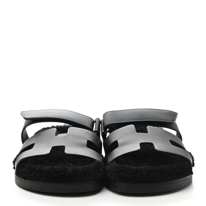 Hermes Calfskin Woolskin Womens Chypre Sandals 39 Black 2 of 9