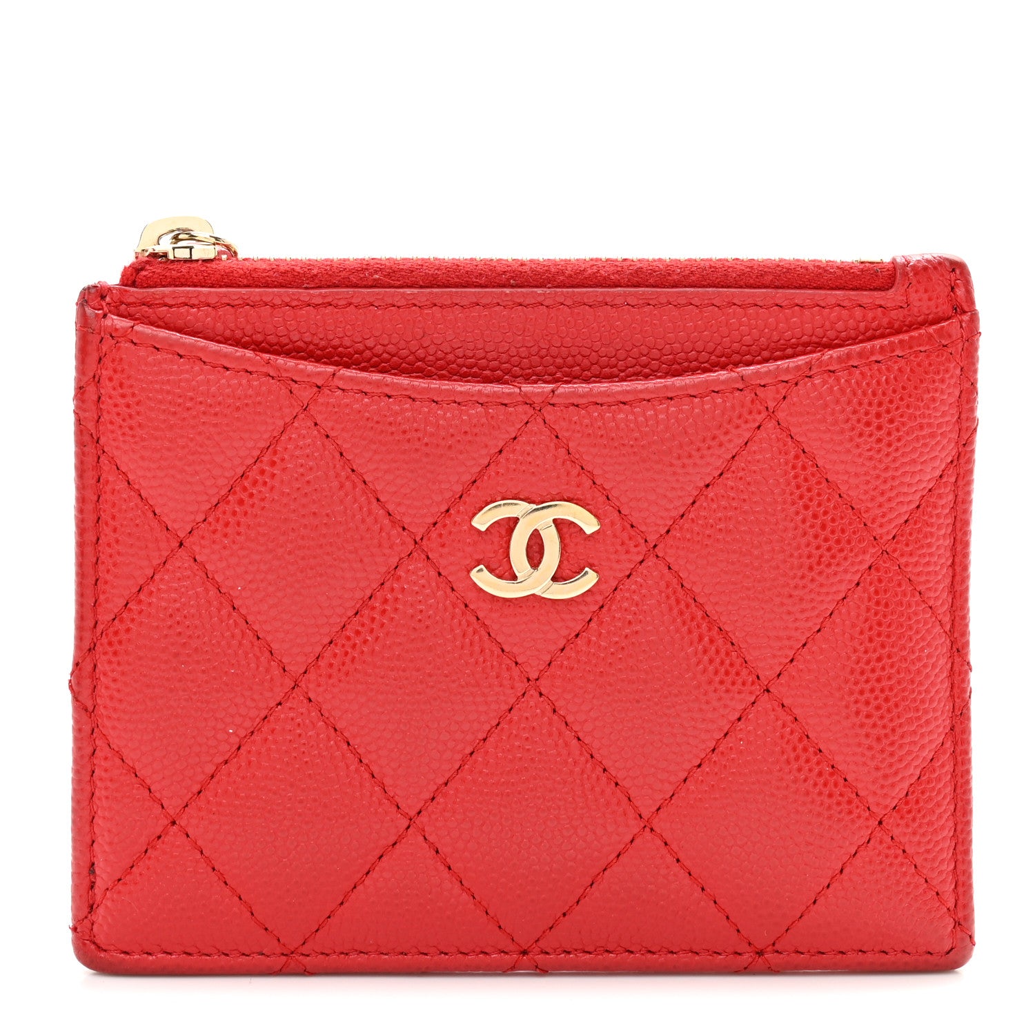 Chanel Caviar Quilted CC Zip Card Holder Red 1 of 8