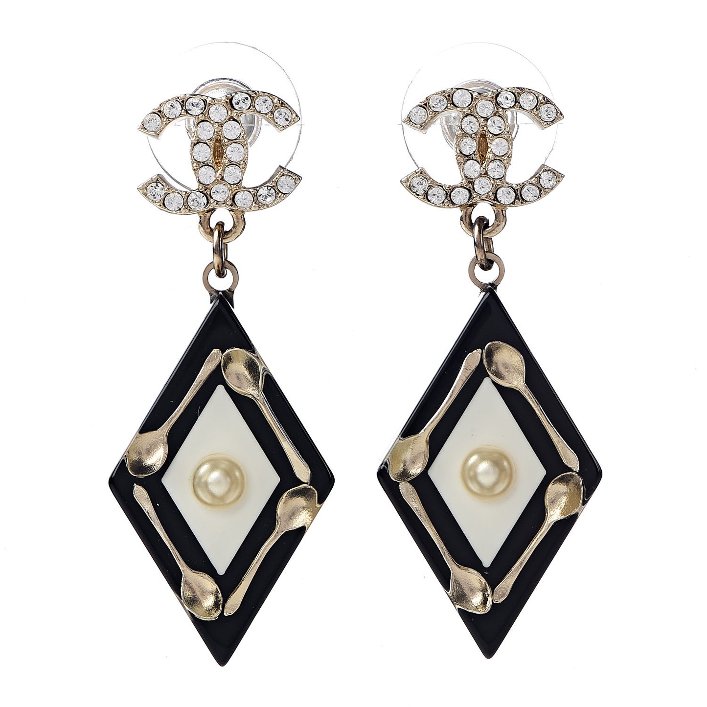 Resin Crystal Spoon Brasserie CC Drop Earrings Black White