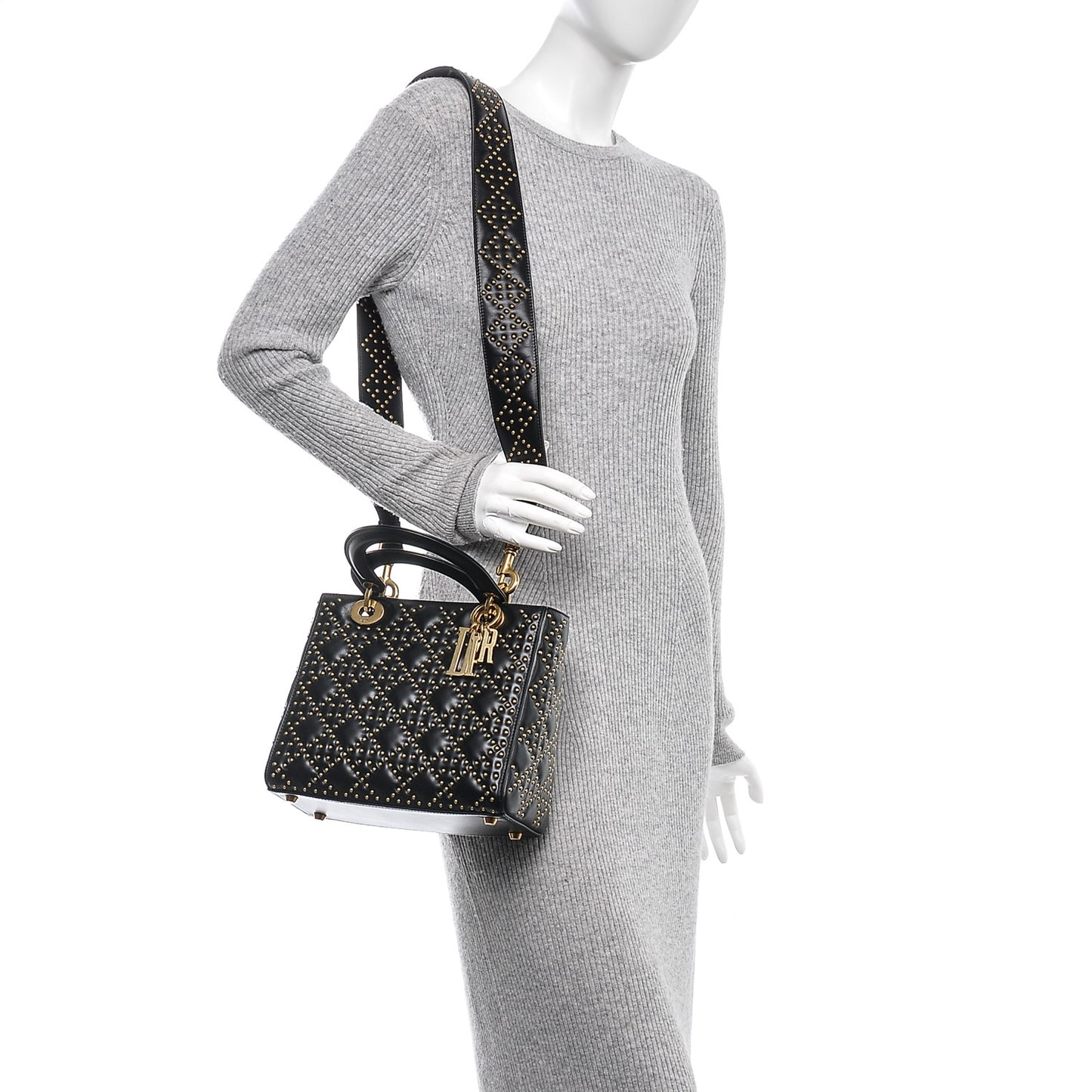 Calfskin Cannage Studded Medium Supple Lady Dior Black