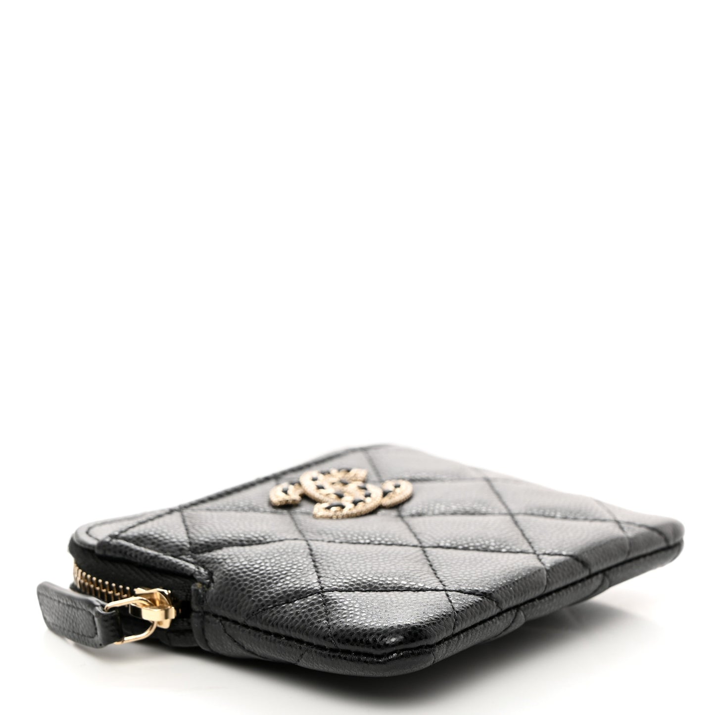 Caviar Quilted Crystal Zip Card Holder Wallet Black
