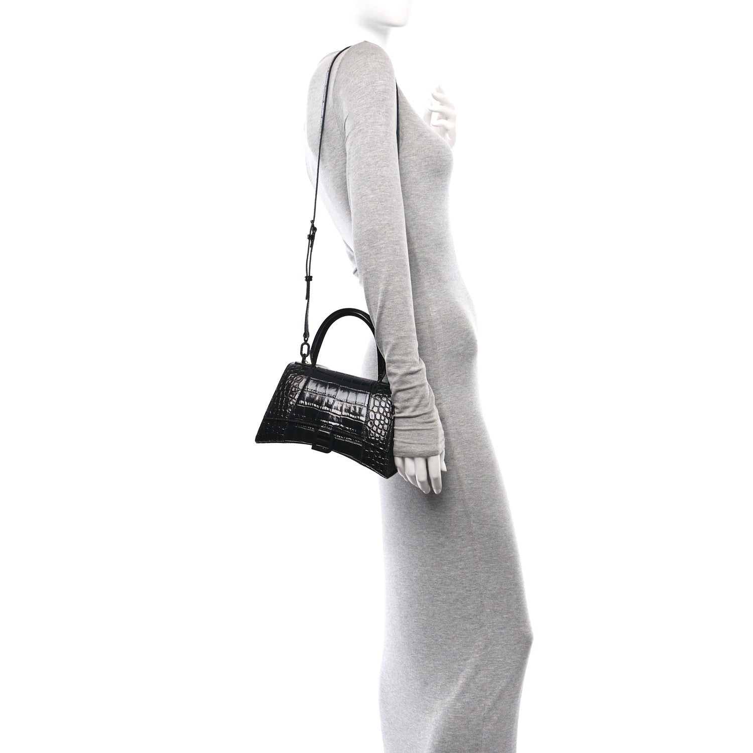 Balenciaga Shiny Calfskin Monochrome Crocodile Embossed Small Hourglass Top Handle Bag Black 2 of 12