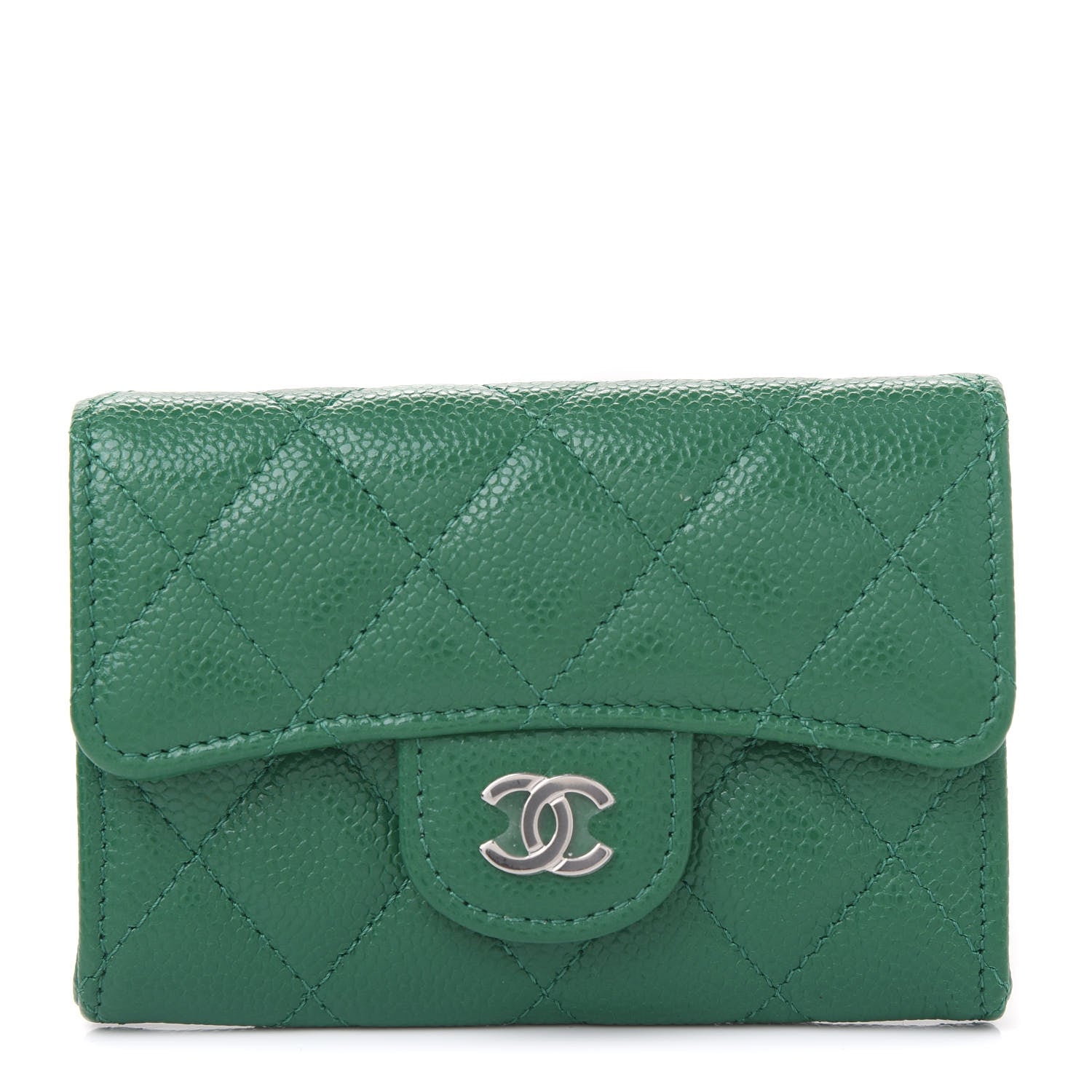 Chanel Metallic Caviar Quilted Card Holder Wallet Green 1 of 12
