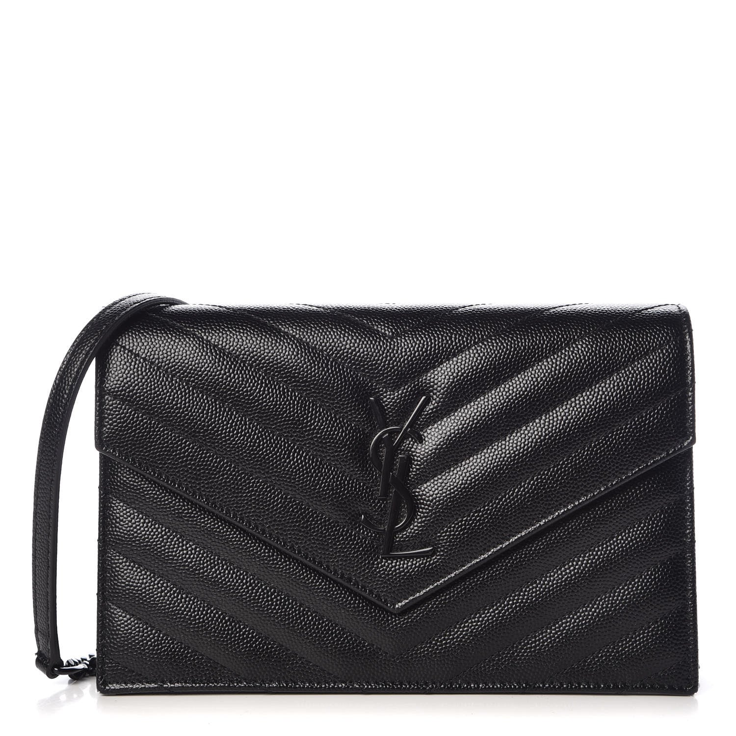 Saint Laurent Grain De Poudre Matelasse Chevron Monogram Envelope Chain Wallet Black 1 of 9