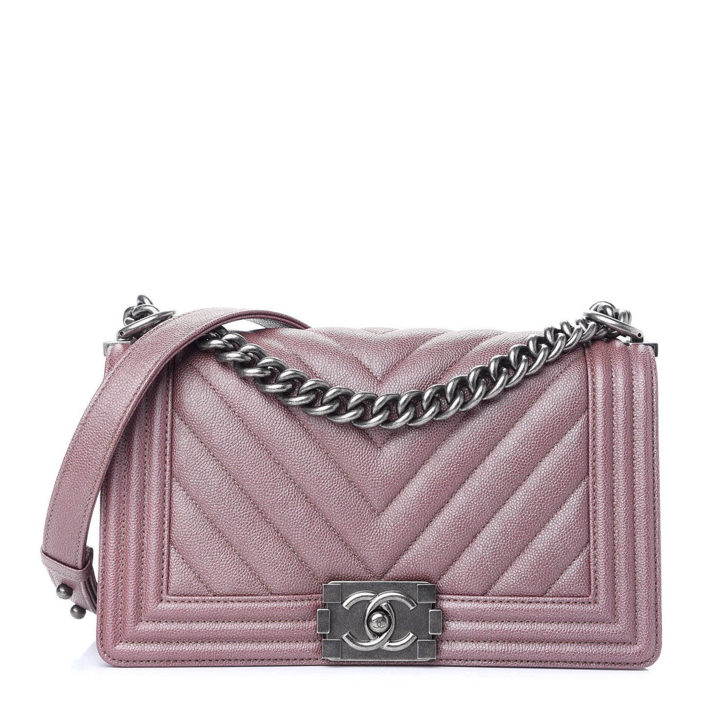 Metallic Caviar Chevron Quilted Medium Boy Flap Dark Pink