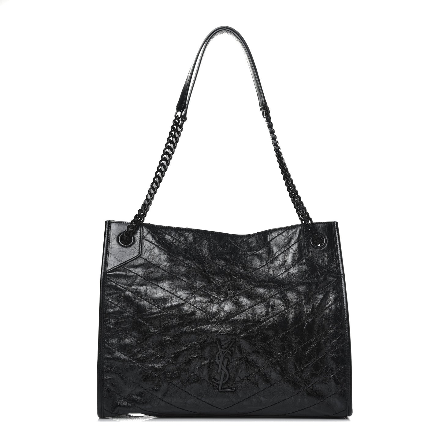 Crinkled Calfskin Matelasse Monogram Medium Niki Shopper Tote Black