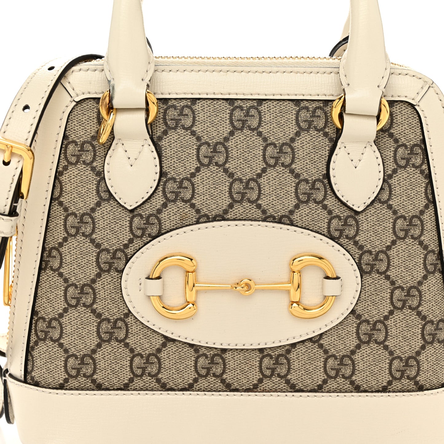 GG Supreme Monogram Azalea Calfskin Mini Horsebit 1955 Top Handle Bag Beige Ebony Mystic White