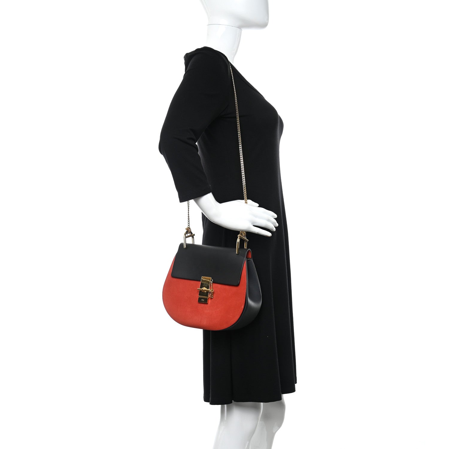Chloe Suede Smooth Calfskin Drew Shoulder Bag Plaid Red 3 of 5