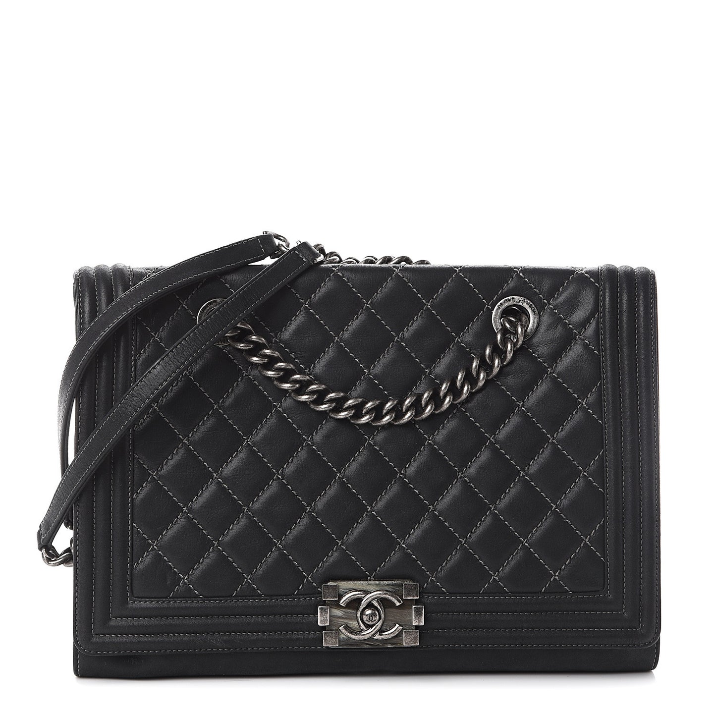 Calfskin Stitched Large Boy Shopping Tote Black