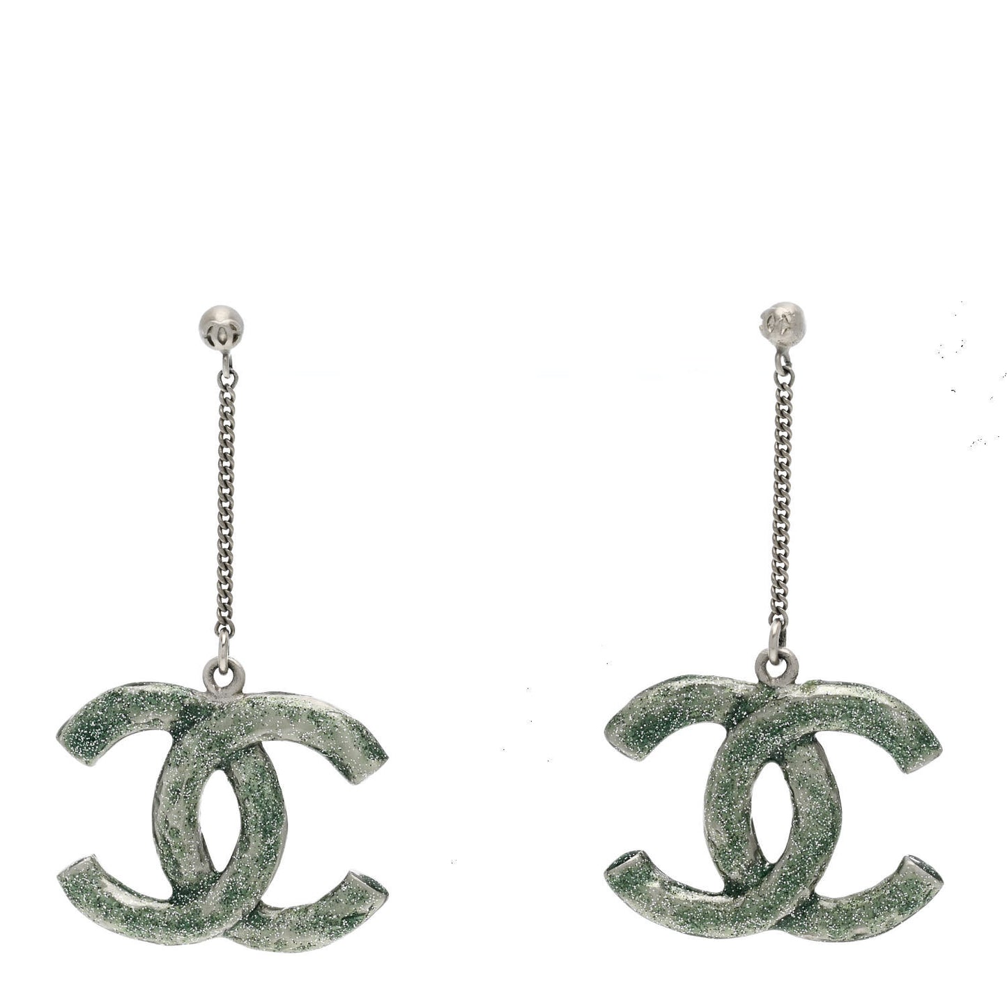 Glitter Enamel CC Drop Earrings Silver Green
