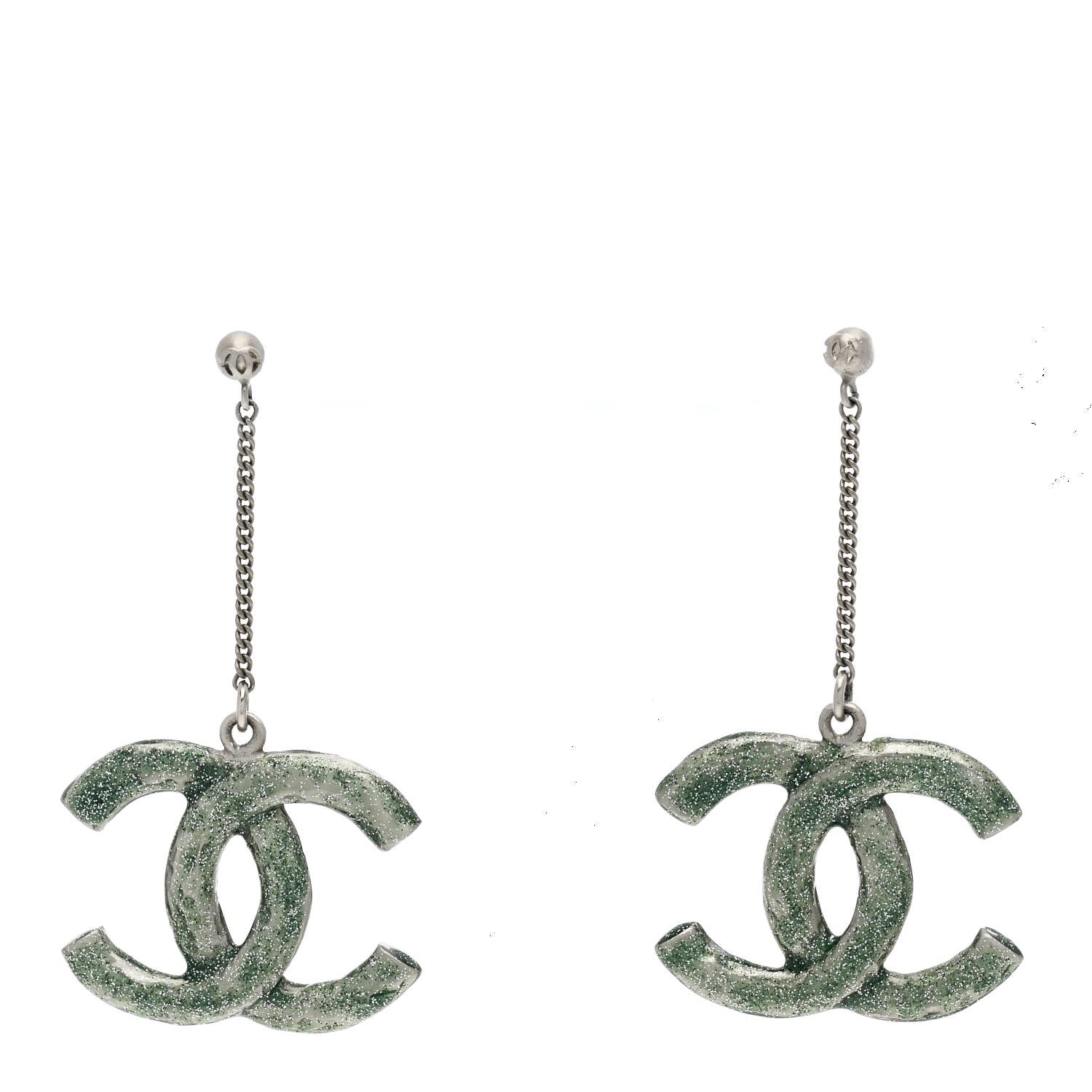 Chanel Glitter Enamel CC Drop Earrings Silver Green 1 of 5