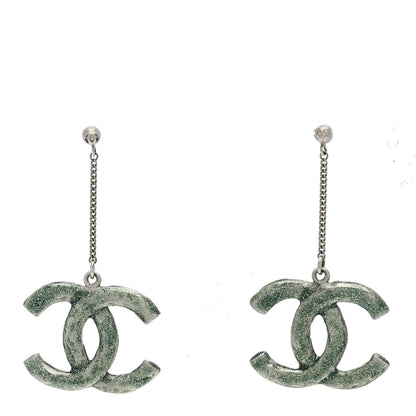 Chanel Glitter Enamel CC Drop Earrings Silver Green 1 of 5