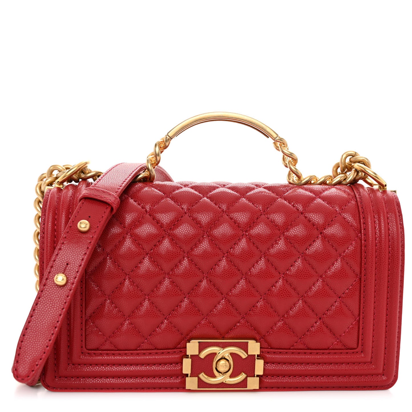 Caviar Medium Boy Logo Top Handle Flap Red