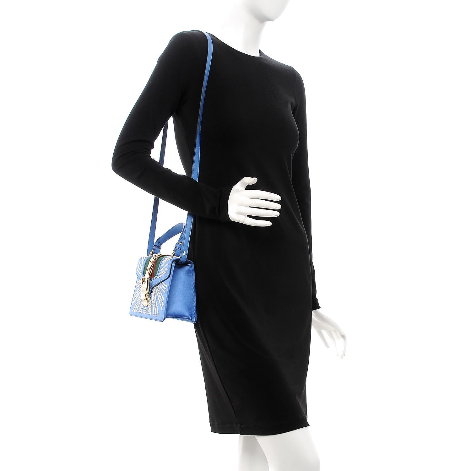 Gucci Satin Crystal Mini Sylvie Top Handle Bag Blue 2 of 8
