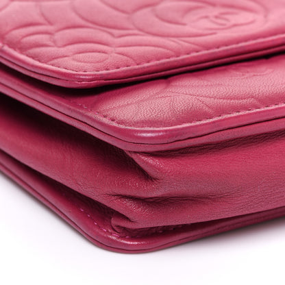 Chanel Lambskin Camellia Embossed Wallet on Chain WOC Fuchsia 9 of 13