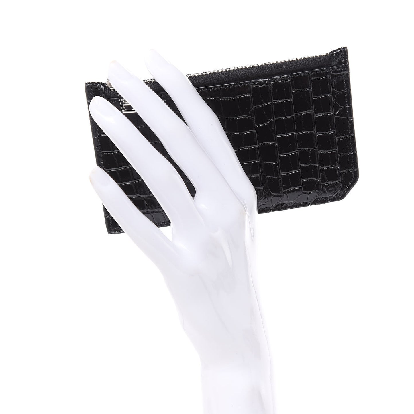 Calfskin Crocodile Embossed 5 Fragments Zip Pouch Card Holder Black