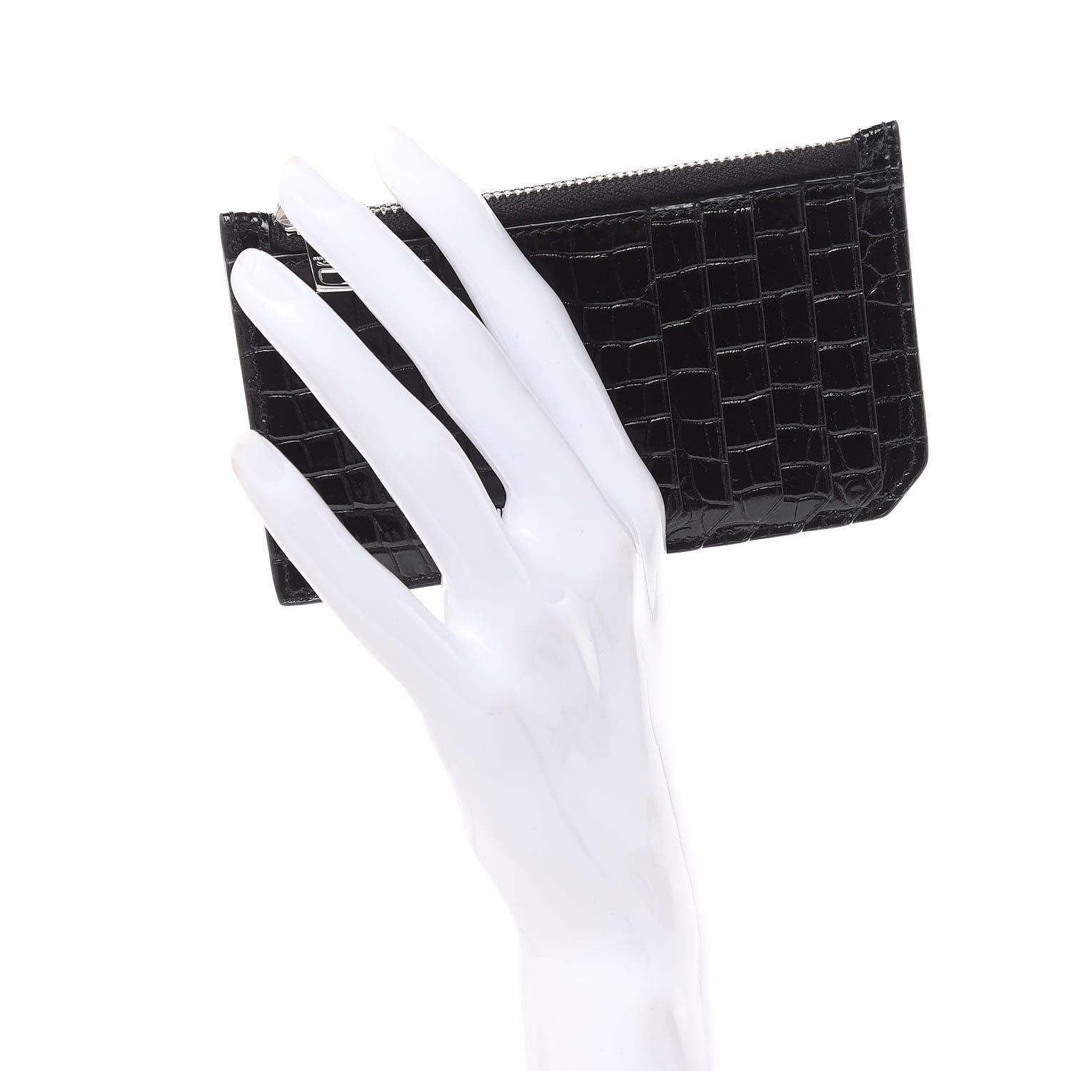 Saint Laurent Calfskin Crocodile Embossed 5 Fragments Zip Pouch Card Holder Black 2 of 8