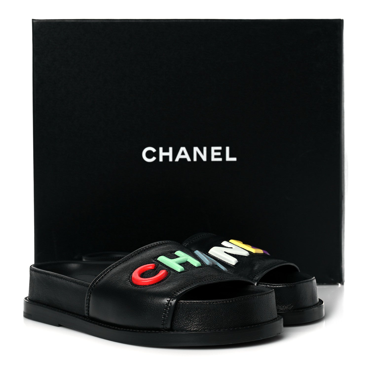 Chanel Lambskin Cha-Nel Mule Sandals 37 Black Multicolor 14 of 14