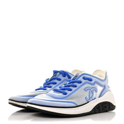 Chanel Calfskin Mesh Lycra Women's Logo Sneakers 38.5 White Blue 3 of 7