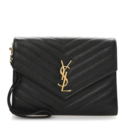 Saint Laurent Grain De Poudre Matelasse Chevron Monogram Envelope Clutch Black 1 of 8