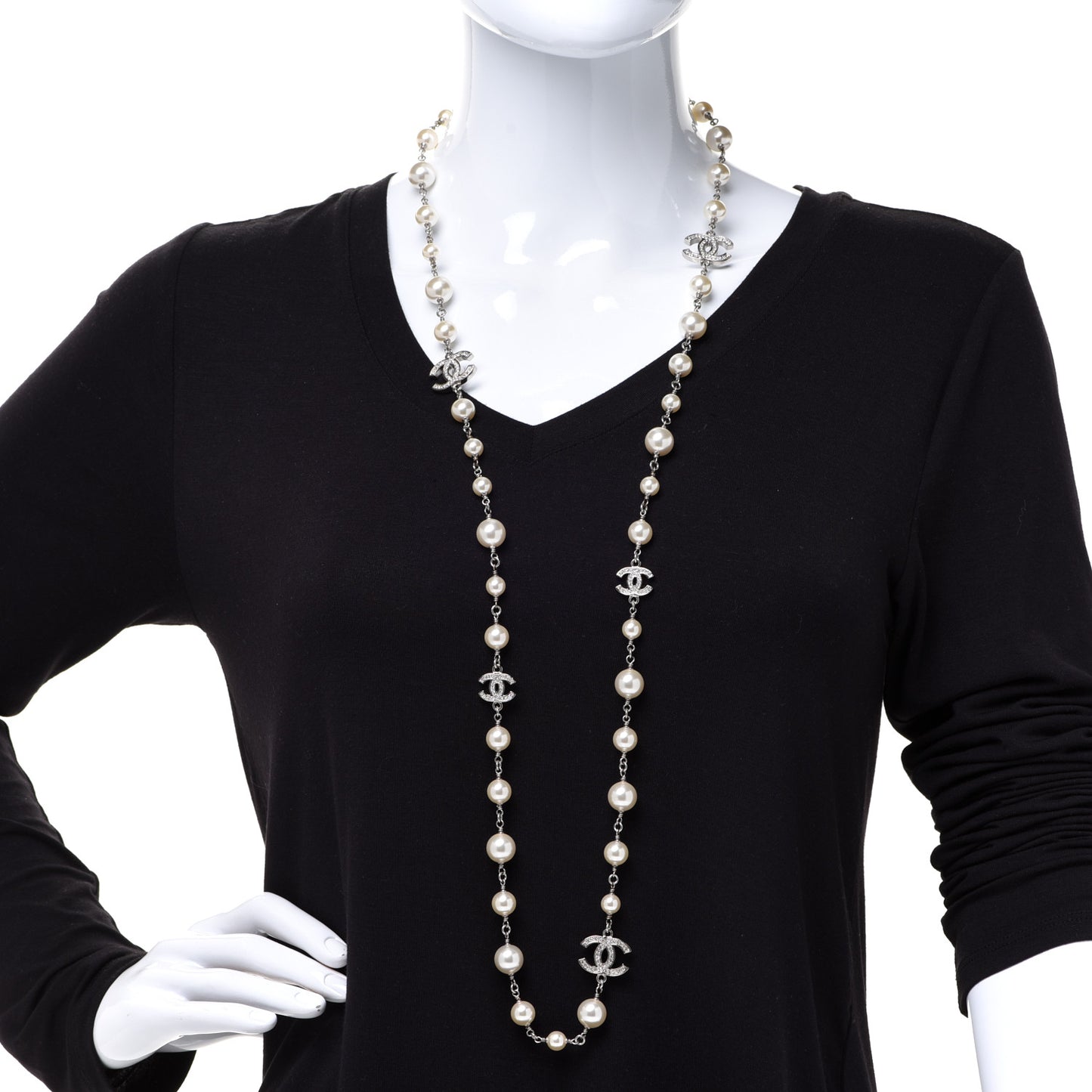 Graduated Pearl Crystal CC Long Necklace Silver