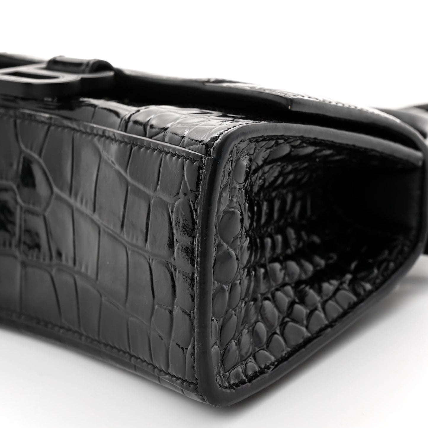 Shiny Calfskin Monochrome Crocodile Embossed Hourglass Top Handle Bag XS Black